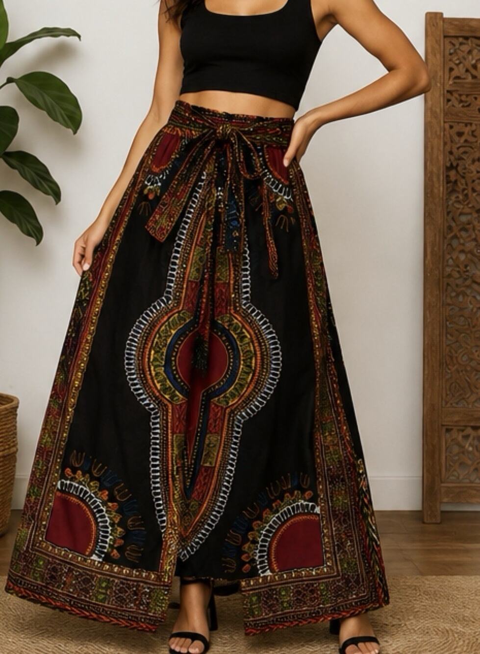 Ankara Women Maxi Skirt African Dashiki Print Elastic With Belt One Size